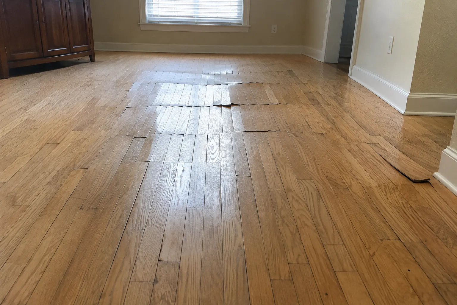 Hardwood floor buckling and lifting across an entire room after moisture damage