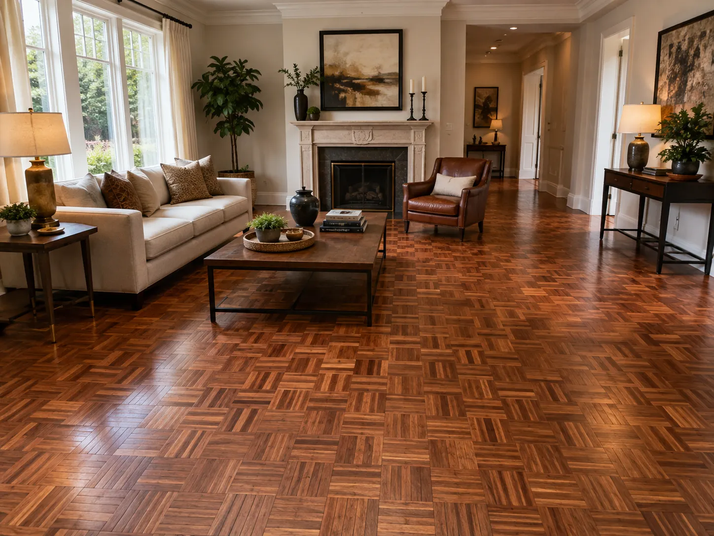 Rich hardwood parquet floor installed in an elegant Sarasota living room by EGR Wood Floors