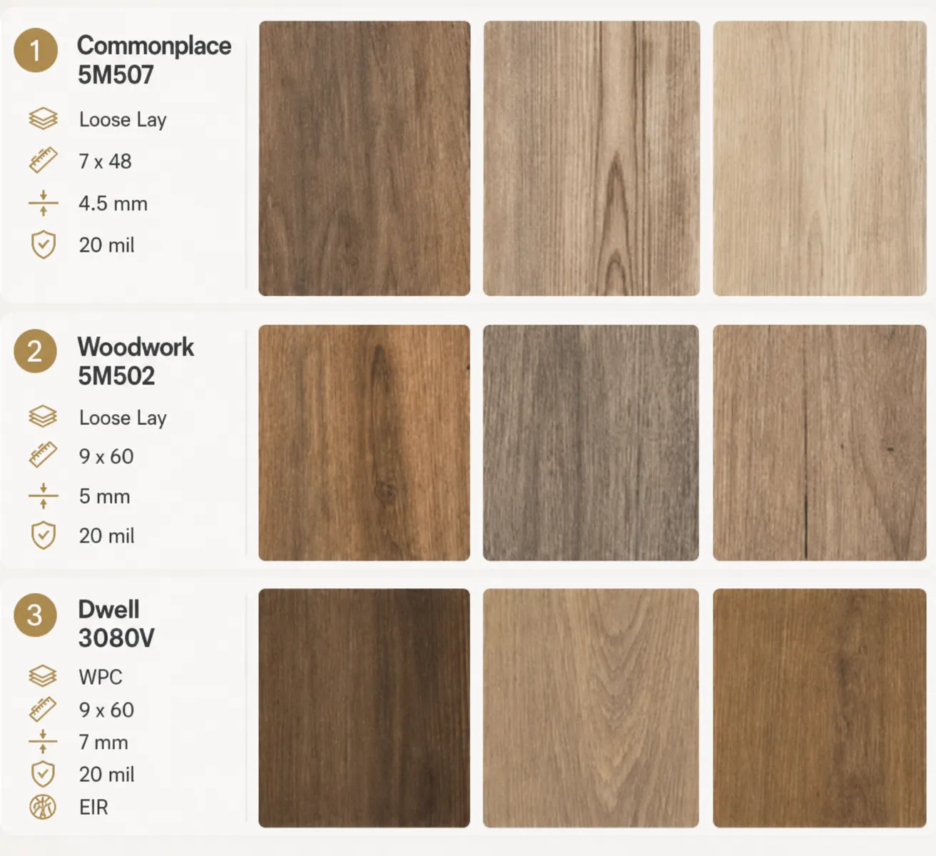 Shaw Floors luxury vinyl plank samples — Commonplace, Woodwork and Dwell lines offered by EGR Wood Floors