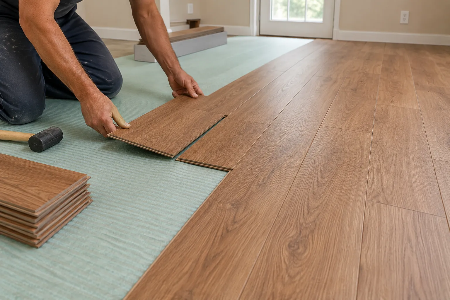 Engineered planks being clicked together over a foam underlayment during a floating floor installation