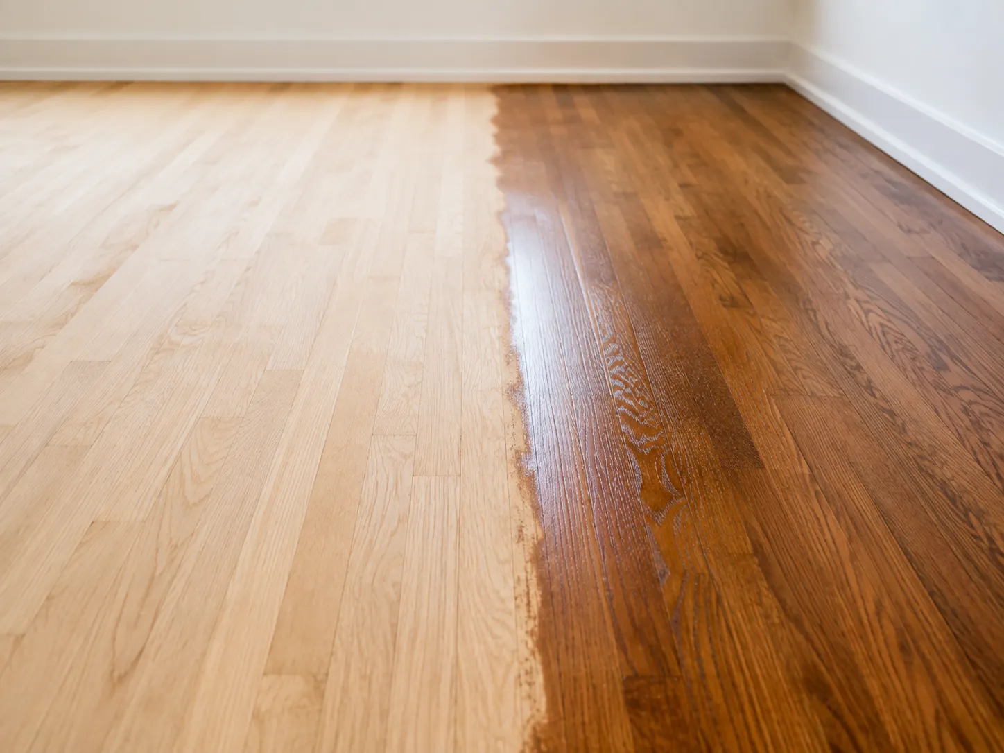 Oak floor sanded to bare wood on one side and freshly stained on the other during a full refinish