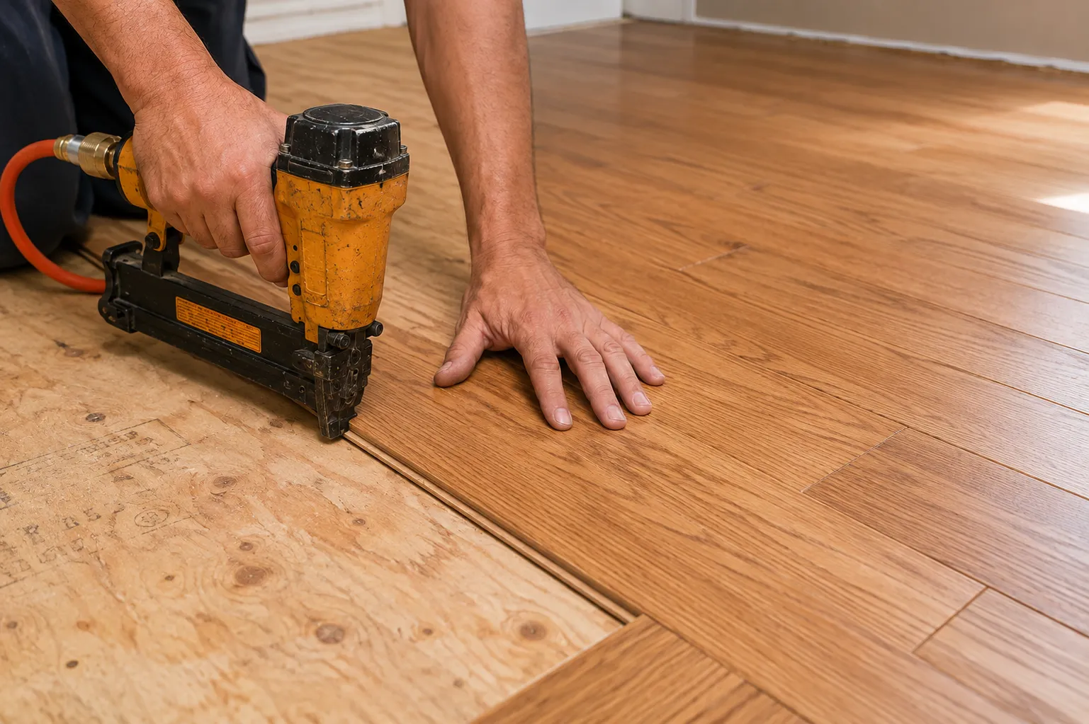Pneumatic flooring nailer fastening a hardwood board through the tongue into a plywood subfloor