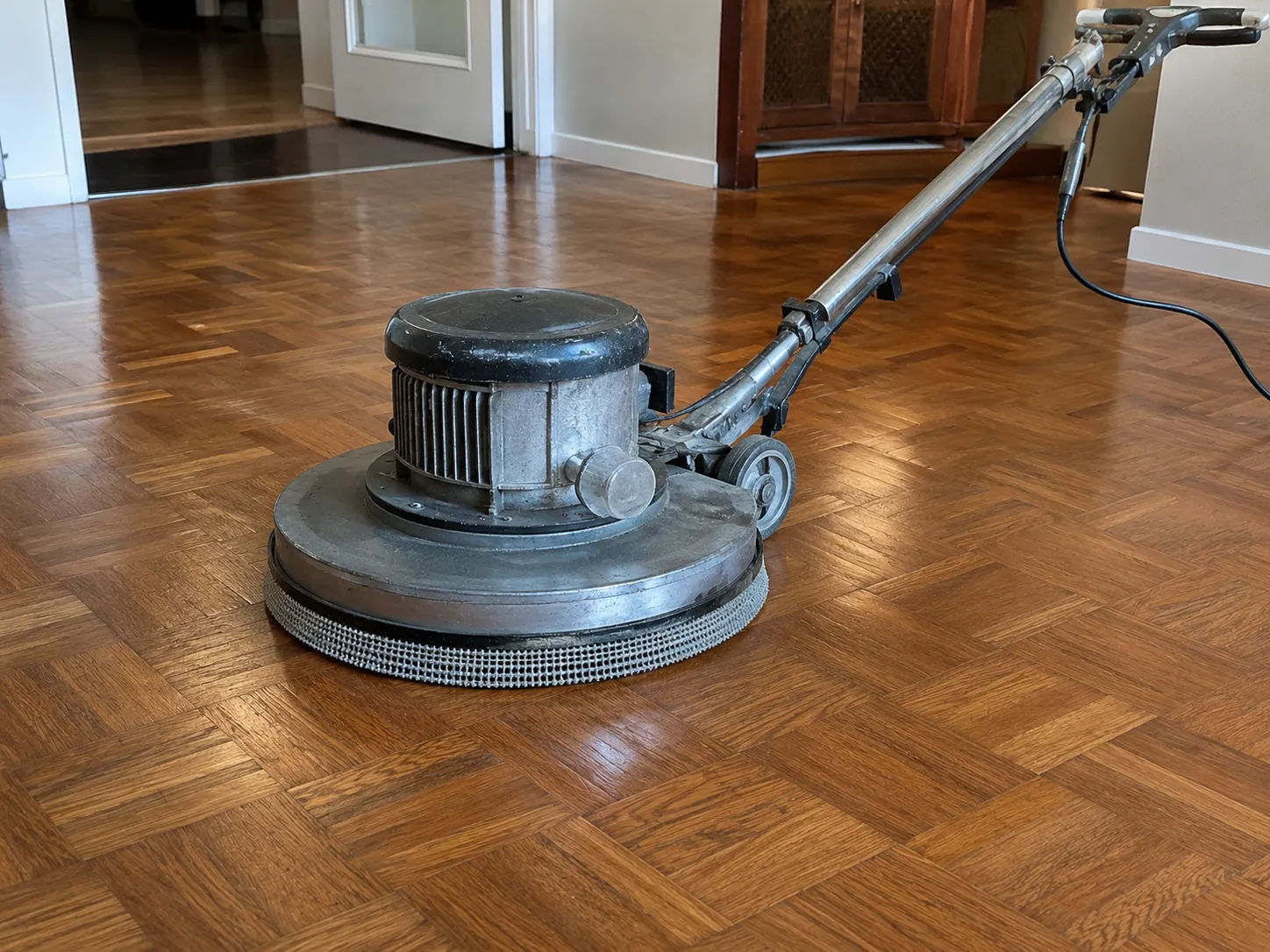 Floor buffer with an abrasive screen pad lightly abrading an existing finish before recoating
