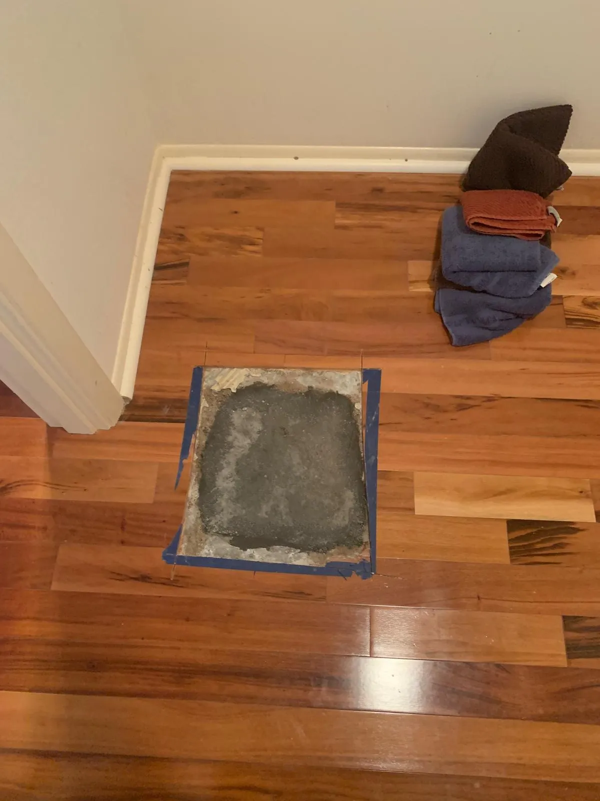 Damaged hardwood boards removed exposing the concrete subfloor before repair in a Sarasota home
