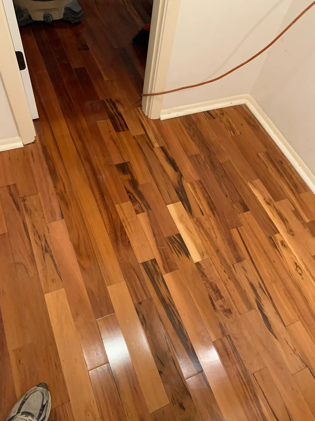 Completed tigerwood floor repair in Sarasota, seamlessly blended with the existing floor
